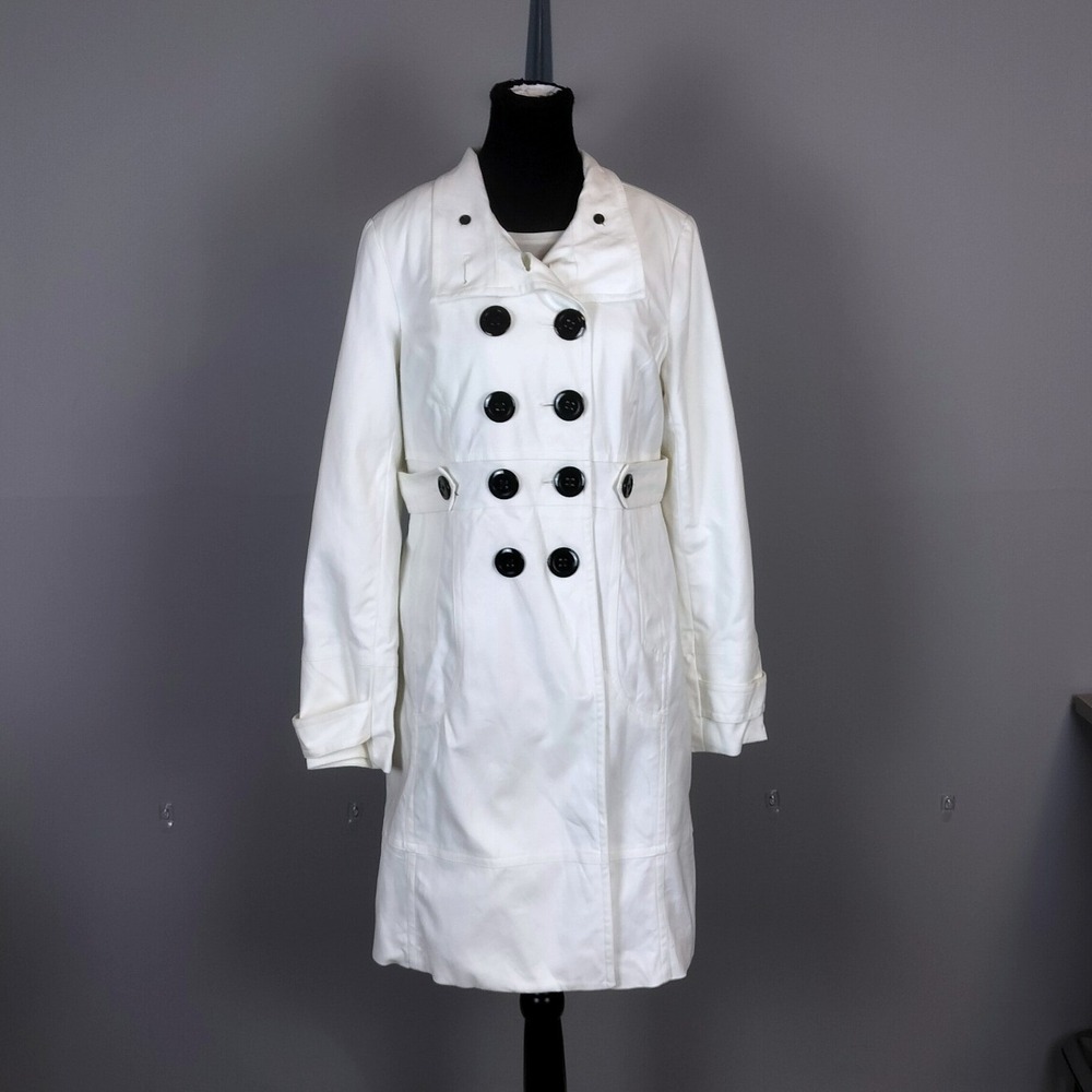 RW&CO White Structured Mid Length Trench Coat Women White Pink Damask Lining